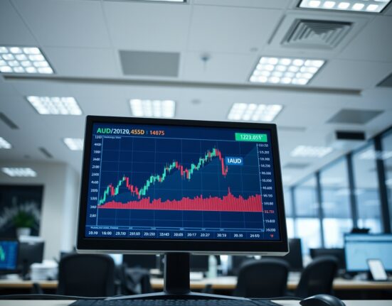 AUD/USD chart showing upward movement on a trading screen in a modern office