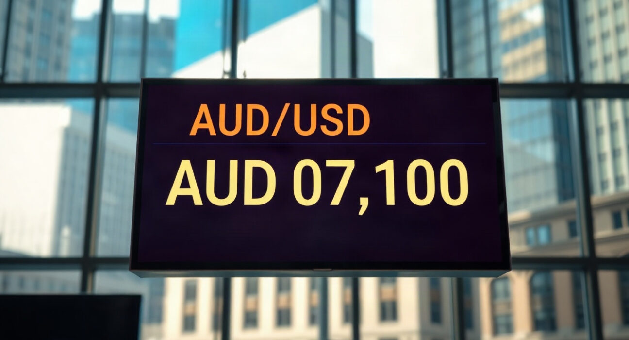 AUD/USD exchange rate displayed on a screen at 0.7100 in a trading environment