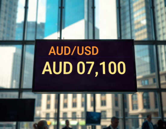 AUD/USD exchange rate displayed on a screen at 0.7100 in a trading environment