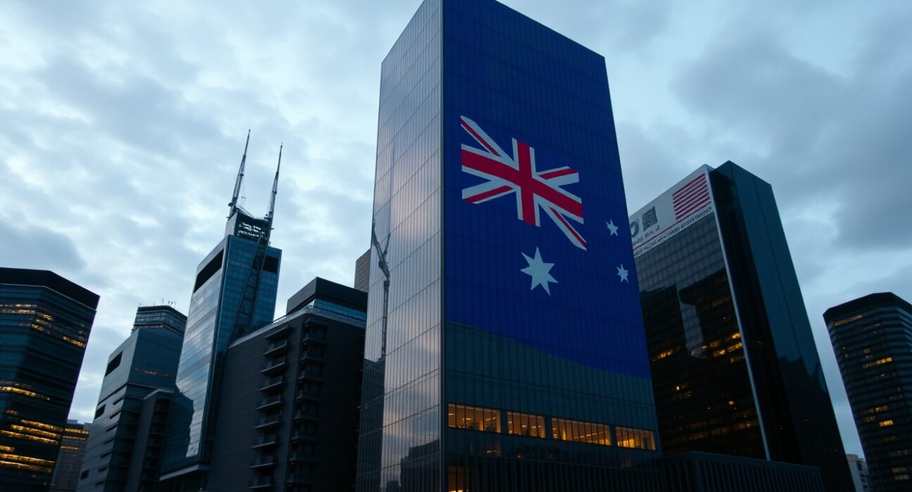 Australian financial district skyline at dusk, reflecting the Australian flag, representing currency market movements.
