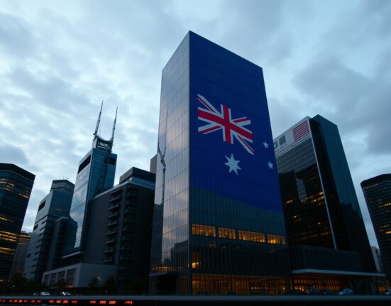 Australian financial district skyline at dusk, reflecting the Australian flag, representing currency market movements.