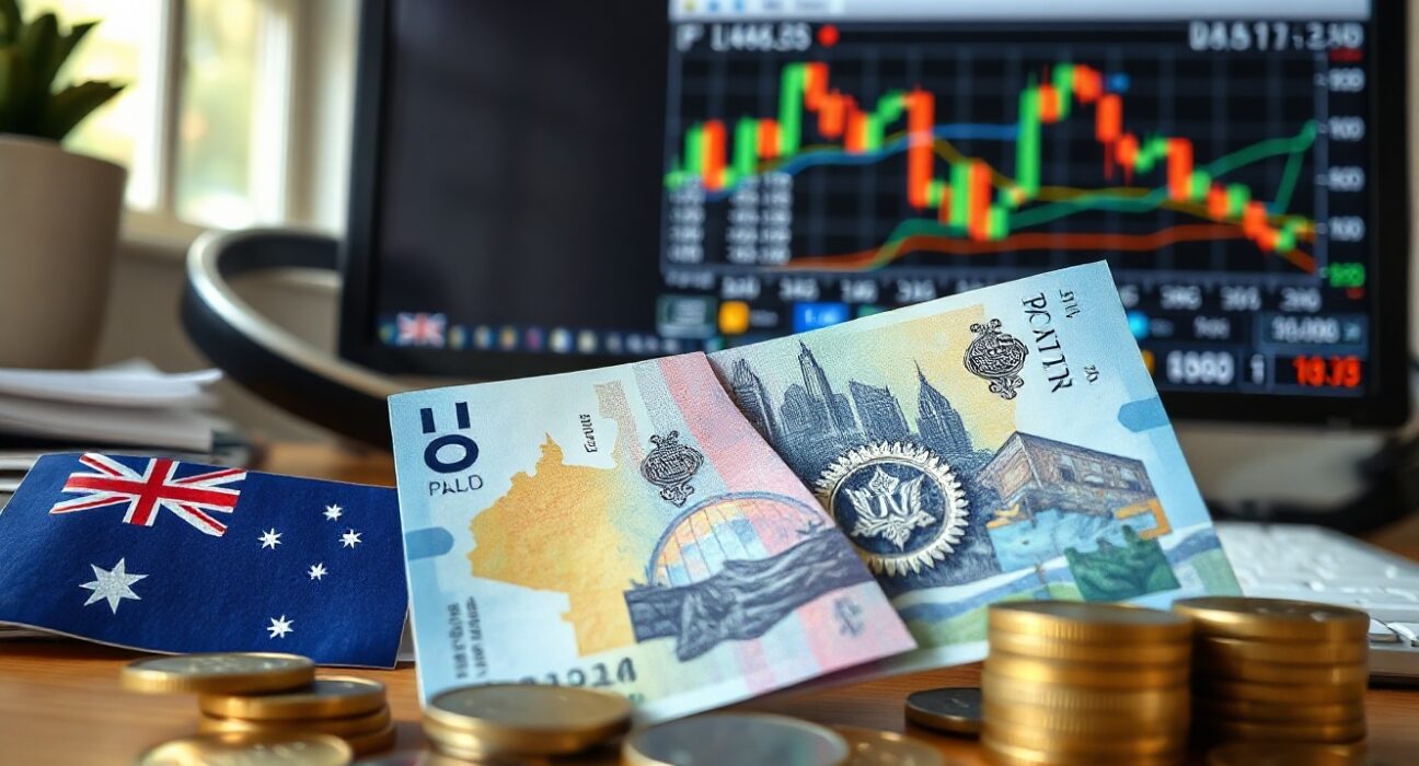 Australian dollar banknotes and coins on a financial desk with charts in background