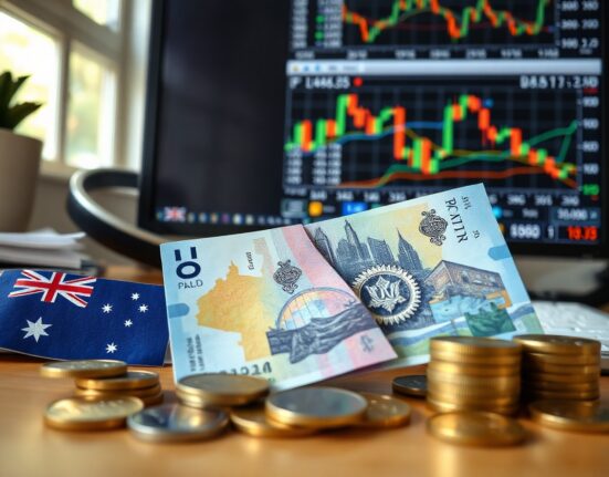 Australian dollar banknotes and coins on a financial desk with charts in background