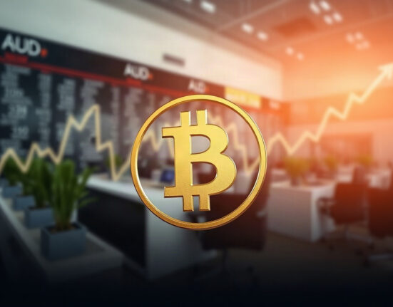 Australian Dollar currency symbol with a rising trend chart in the background, symbolizing market strength.