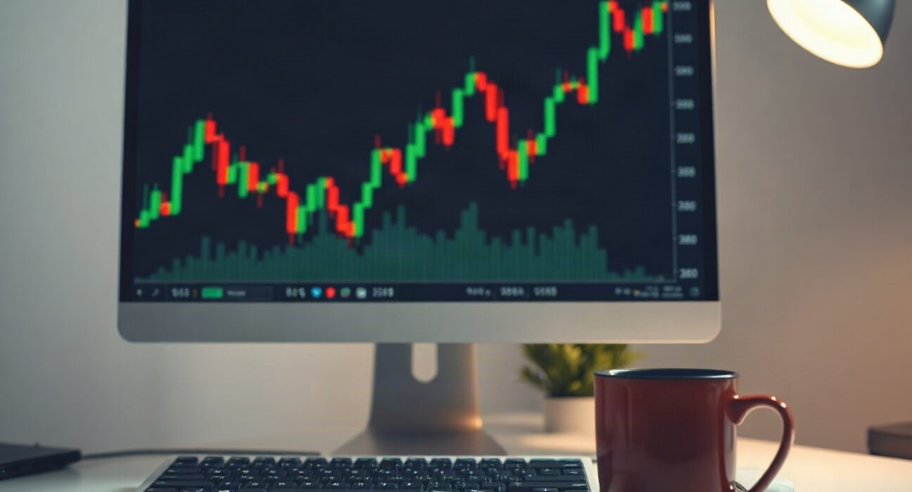AUD/USD forex chart on a trading monitor at a desk, reflecting market movements.