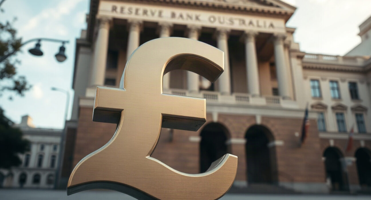 Australian Dollar symbol with Reserve Bank of Australia building in background, symbolizing currency strength and inflation data.