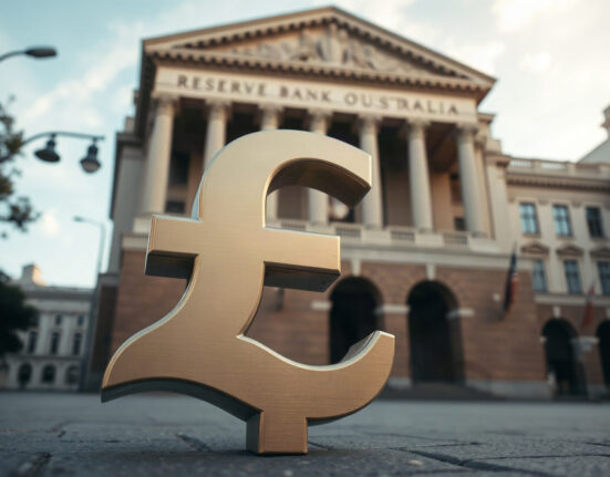 Australian Dollar symbol with Reserve Bank of Australia building in background, symbolizing currency strength and inflation data.