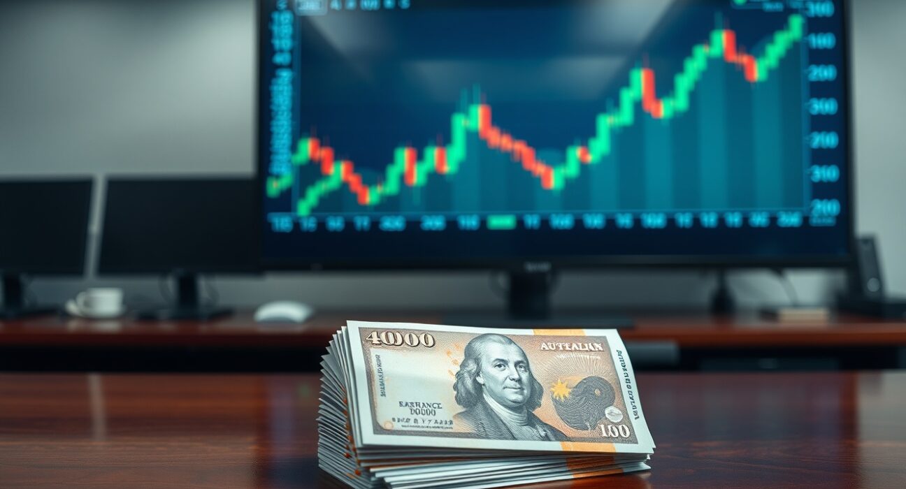 Australian Dollar banknotes on a desk next to a monitor showing an AUD/USD chart with a positive trend.