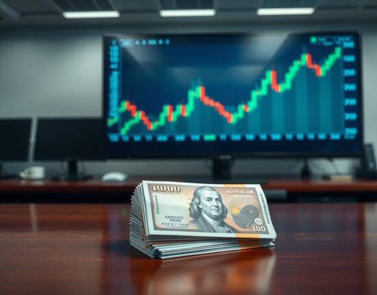 Australian Dollar banknotes on a desk next to a monitor showing an AUD/USD chart with a positive trend.