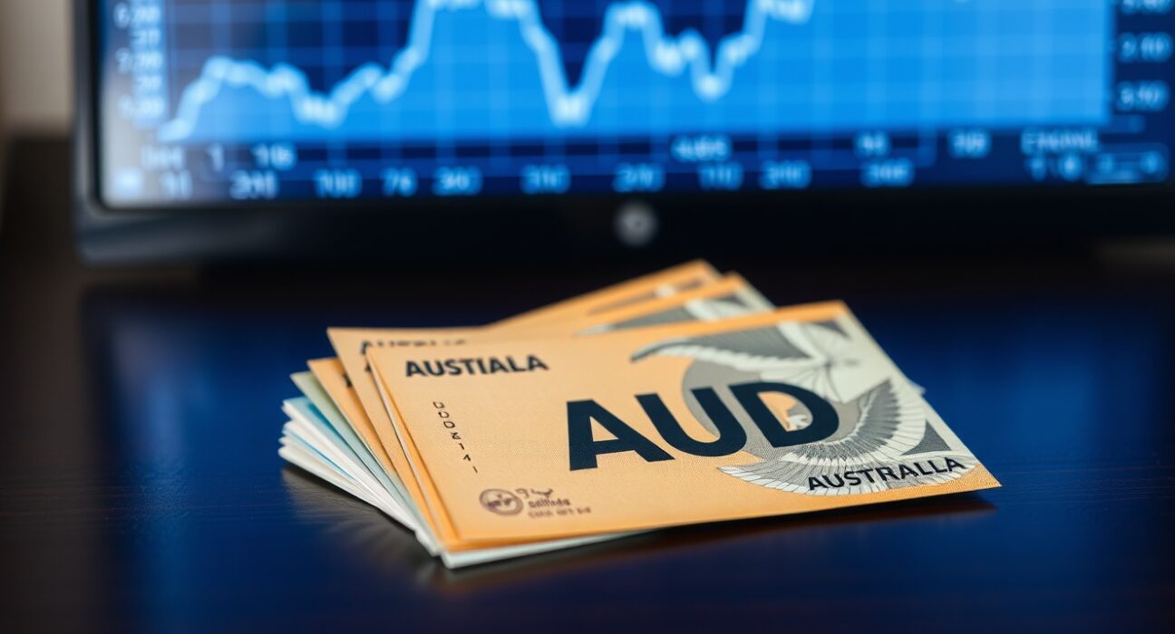 Australian Dollar banknotes with a blurred financial chart in the background indicating positive economic data.