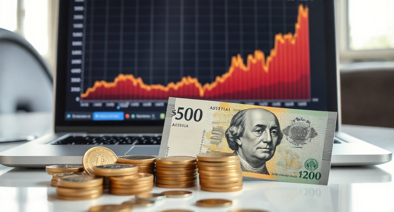 Australian Dollar banknotes and coins with a financial chart on a laptop screen