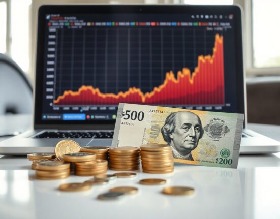 Australian Dollar banknotes and coins with a financial chart on a laptop screen