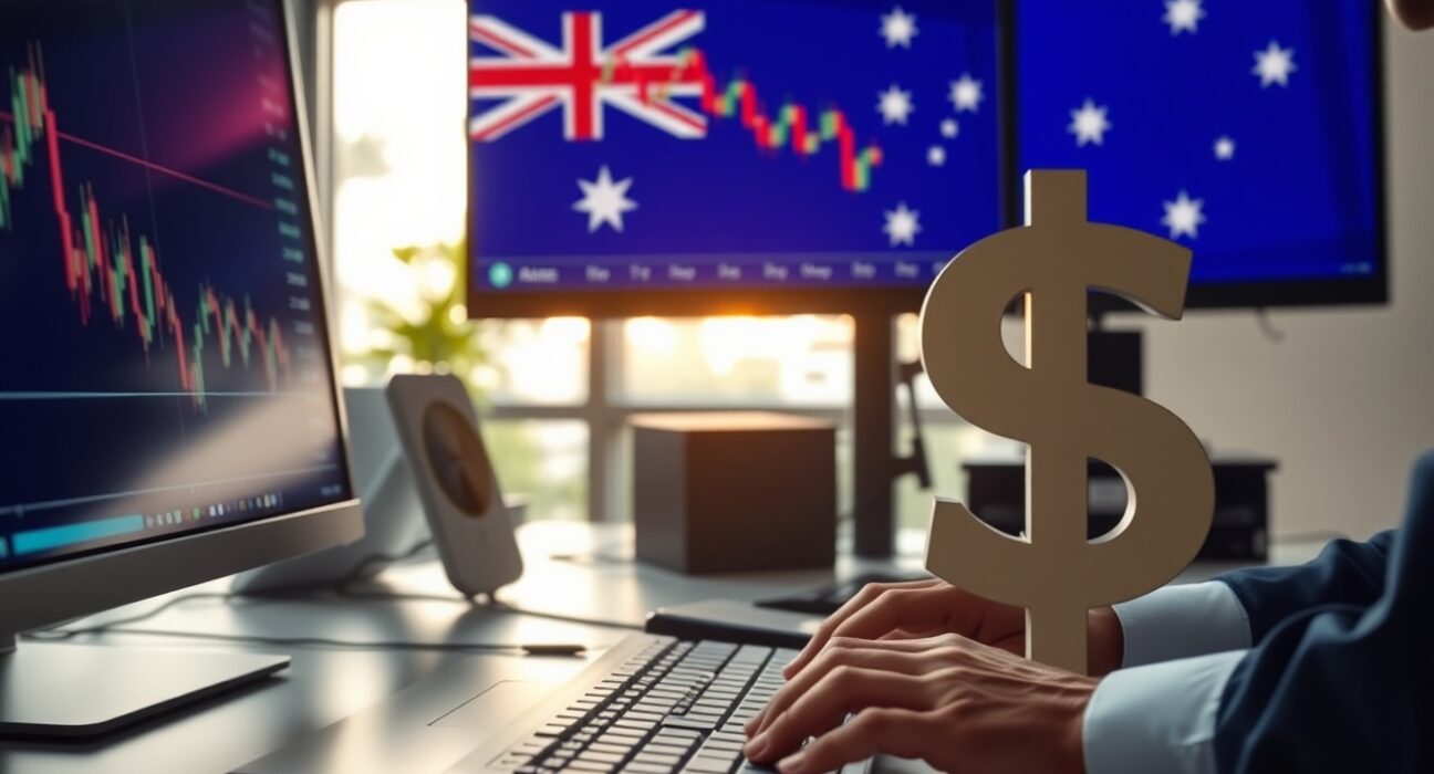 Financial trading desk with monitors showing Australian dollar charts and downward trend.