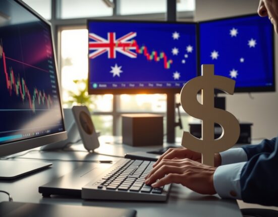 Financial trading desk with monitors showing Australian dollar charts and downward trend.