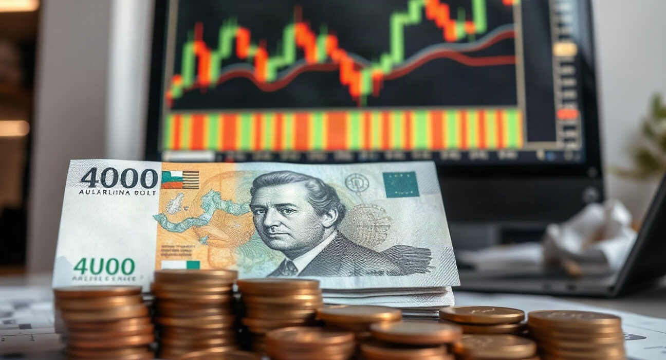 Australian Dollar banknotes and coins on a desk with a forex chart on a monitor