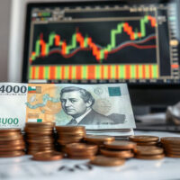 Australian Dollar banknotes and coins on a desk with a forex chart on a monitor