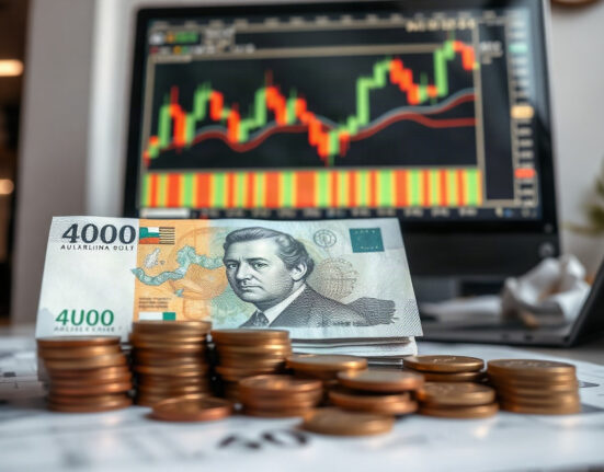 Australian Dollar banknotes and coins on a desk with a forex chart on a monitor