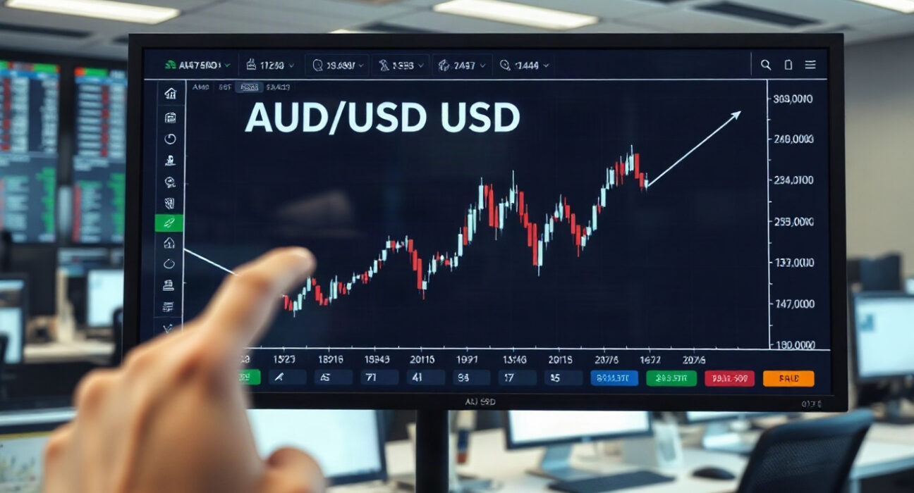 AUD/USD chart showing upward trend near 0.7150 in a trading office