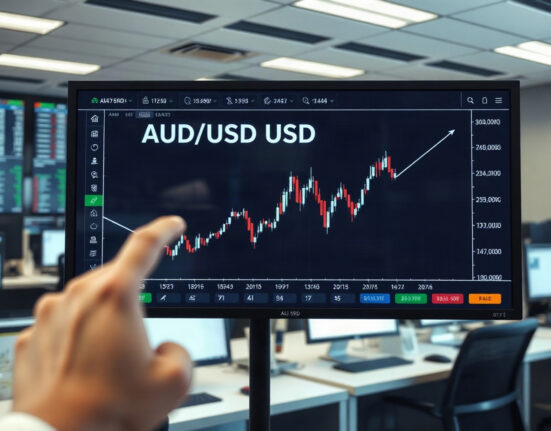 AUD/USD chart showing upward trend near 0.7150 in a trading office
