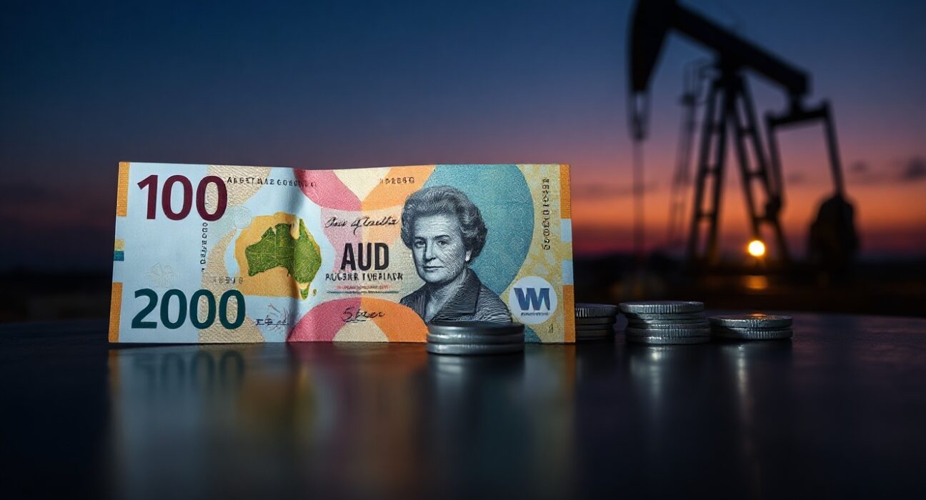 Australian Dollar banknotes and coins with an oil pumpjack silhouette in the background
