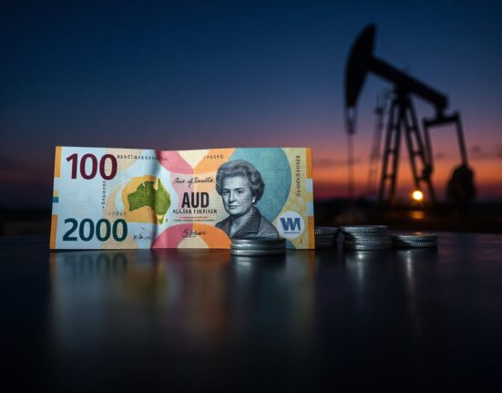 Australian Dollar banknotes and coins with an oil pumpjack silhouette in the background