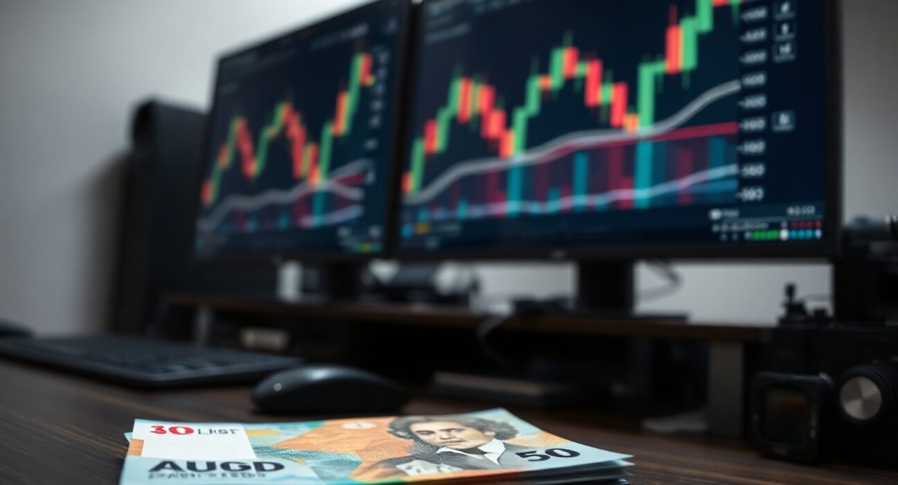 Stack of Australian dollar banknotes with blurred trading screens in background showing AUD/USD chart