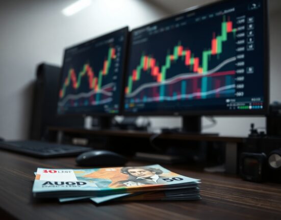 Stack of Australian dollar banknotes with blurred trading screens in background showing AUD/USD chart