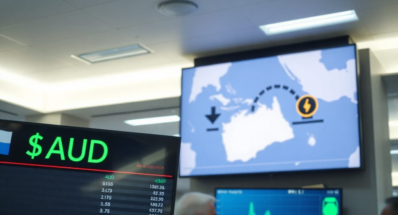 Currency exchange board showing Australian Dollar rate with a map of the Strait of Hormuz in the background