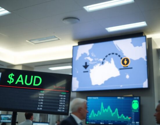 Currency exchange board showing Australian Dollar rate with a map of the Strait of Hormuz in the background