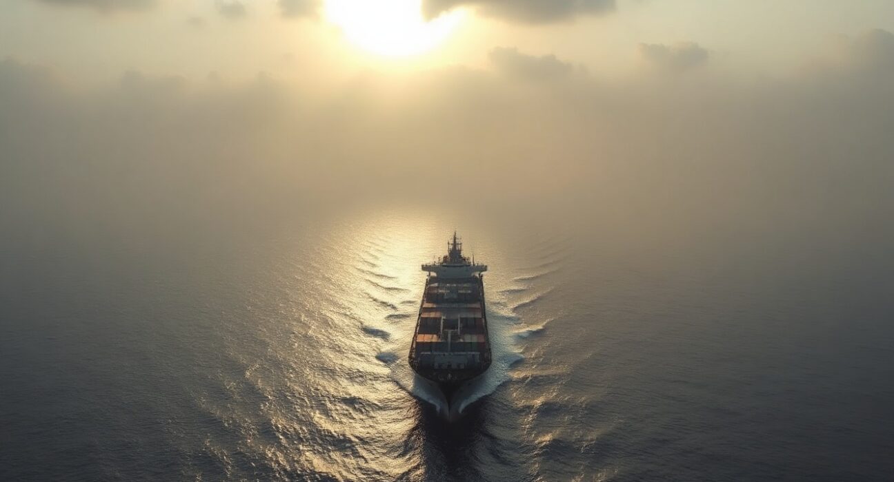 Cargo ship sailing through the Strait of Hormuz under a tense, overcast sky with distant smoke.