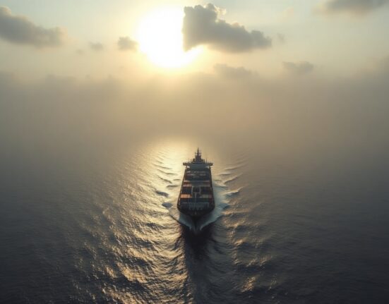 Cargo ship sailing through the Strait of Hormuz under a tense, overcast sky with distant smoke.