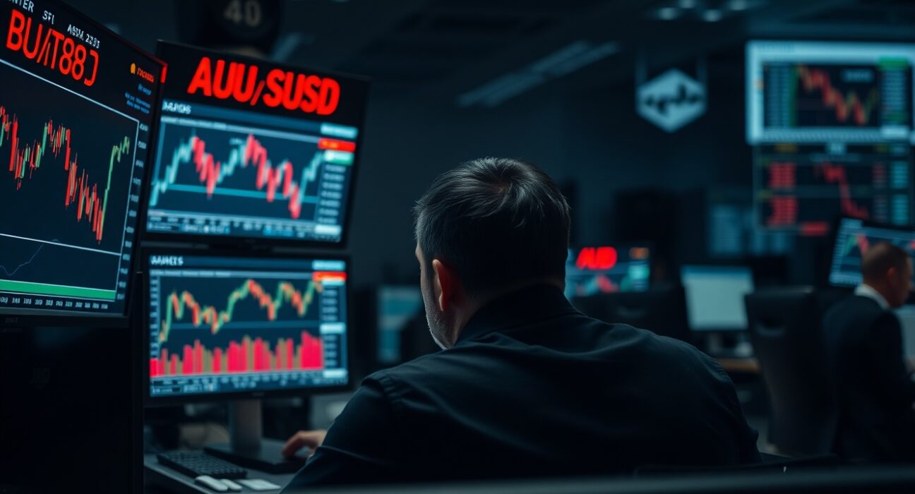 Trader watching falling AUD/USD charts on monitors during geopolitical tensions