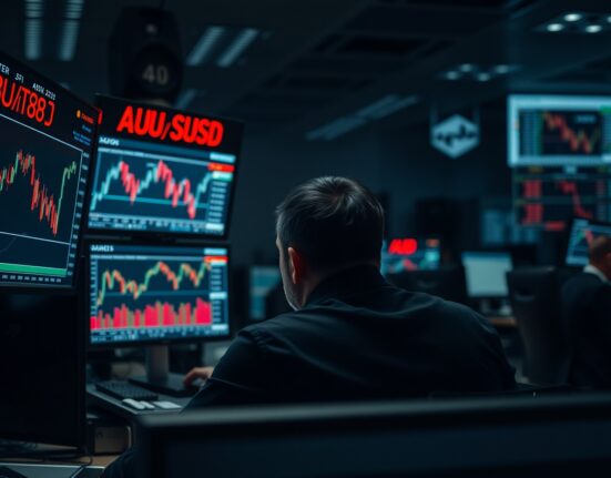Trader watching falling AUD/USD charts on monitors during geopolitical tensions