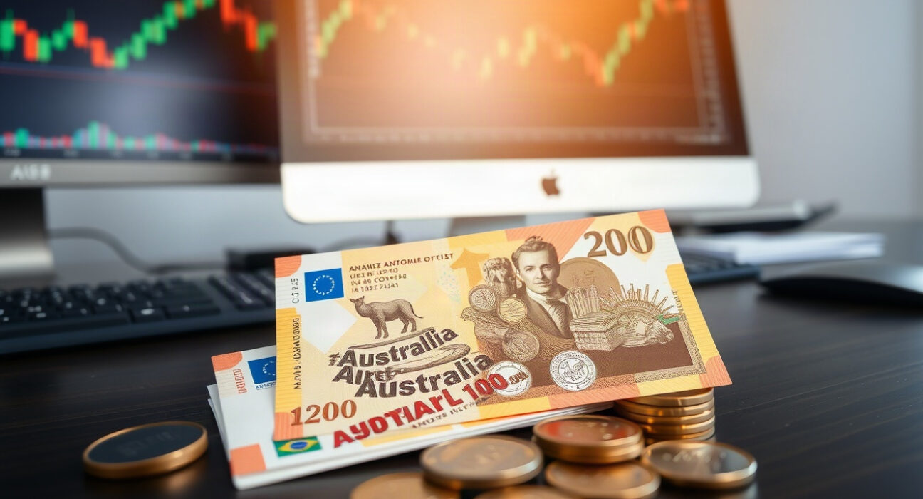 Australian dollar banknotes and coins with a financial chart in the background, illustrating the currency's market movement.