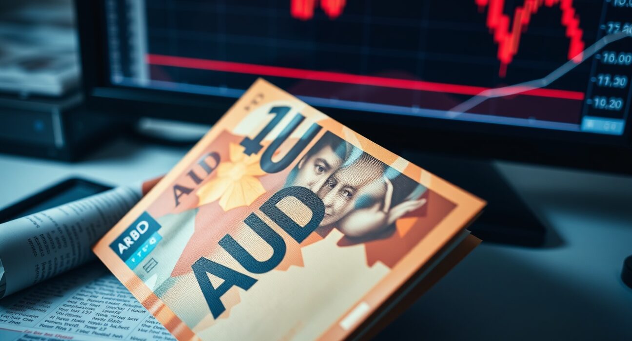 Australian dollar banknotes and a declining economic chart on a desk, representing inflation and currency pressure.