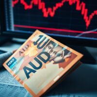 Australian dollar banknotes and a declining economic chart on a desk, representing inflation and currency pressure.