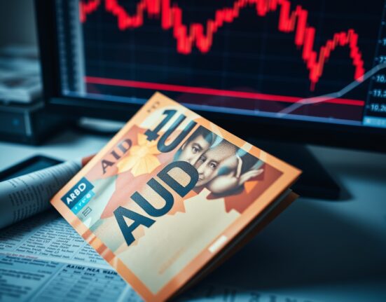 Australian dollar banknotes and a declining economic chart on a desk, representing inflation and currency pressure.