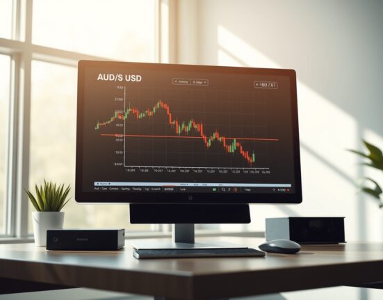 Analysis of the Australian Dollar's performance on a financial trading chart amid economic and geopolitical news.