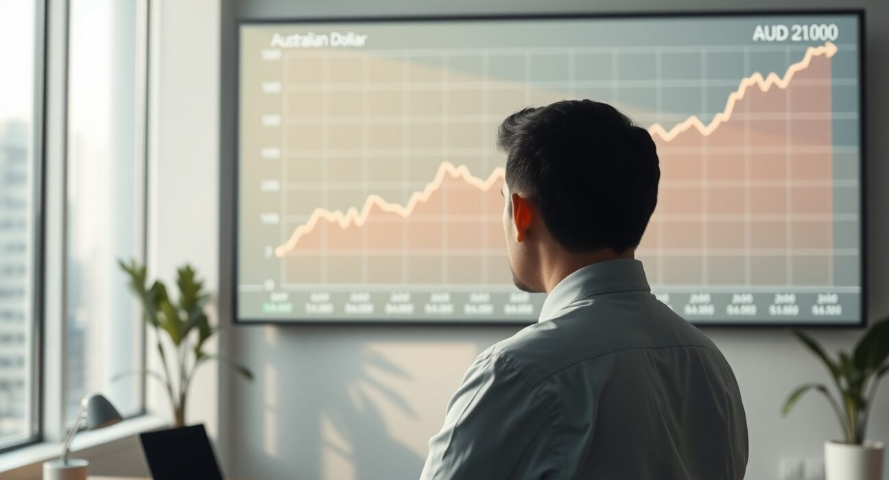Financial analyst reviewing AUD chart with upward trend in modern office