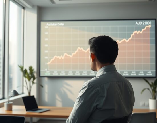 Financial analyst reviewing AUD chart with upward trend in modern office