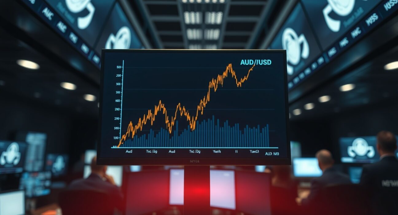 AUD/USD price chart showing a sharp spike on a trading screen