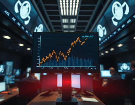 AUD/USD price chart showing a sharp spike on a trading screen