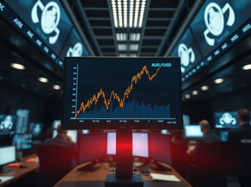 AUD/USD price chart showing a sharp spike on a trading screen