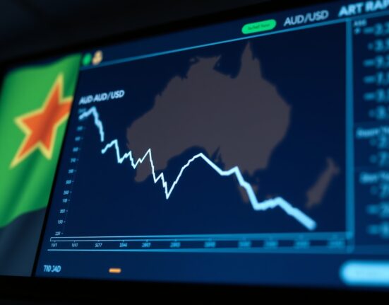 Australian Dollar AUD/USD chart declining due to Iran conflict risk-off sentiment.