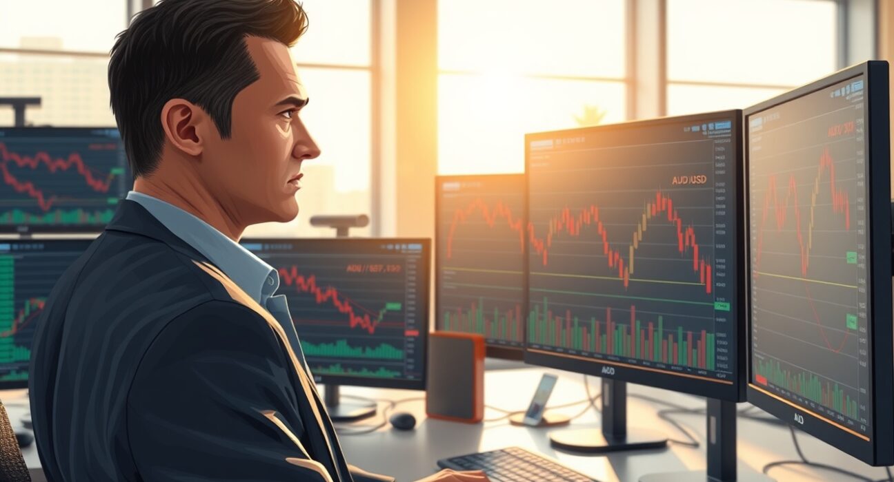 Australian Dollar trading desk showing AUD/USD decline amid Iran-US geopolitical tensions