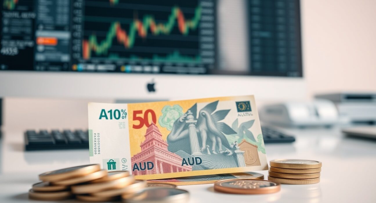 Australian dollar banknotes and coins on a desk with financial charts in background