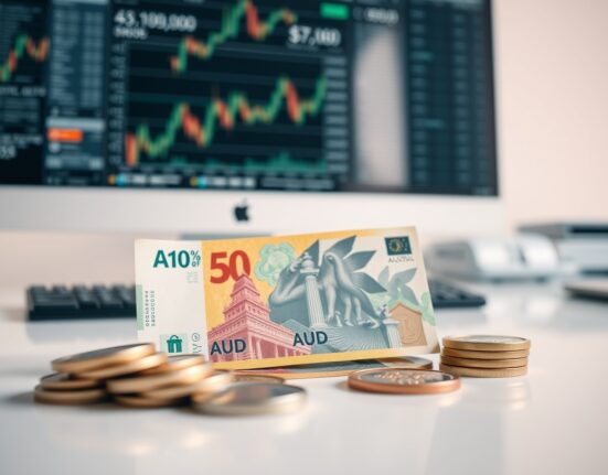 Australian dollar banknotes and coins on a desk with financial charts in background