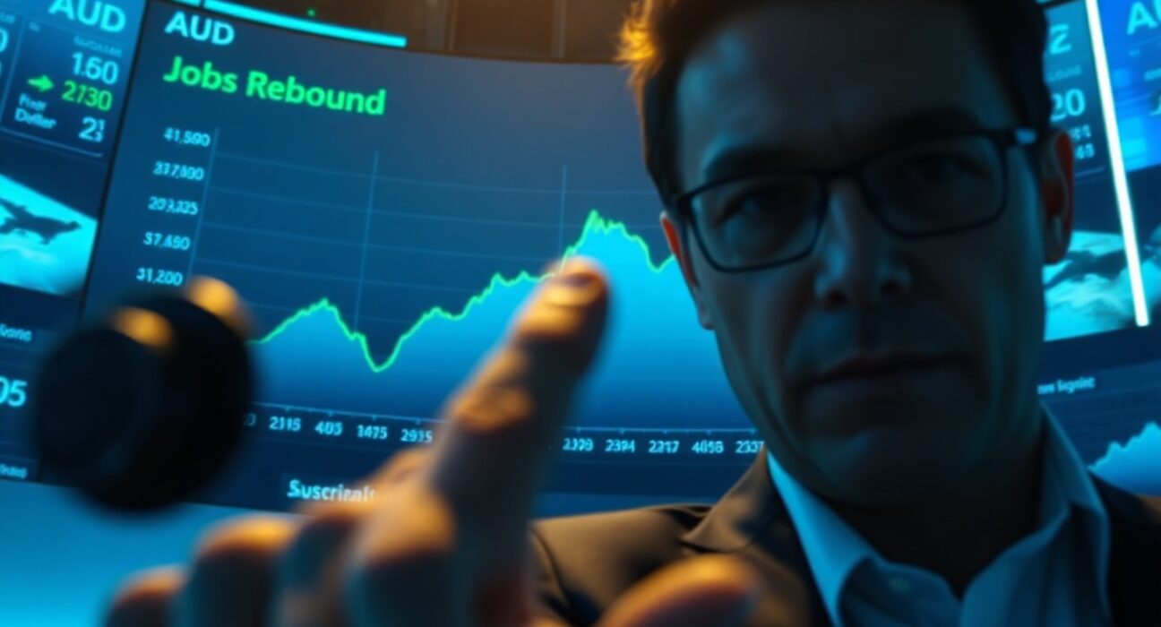 Analyst pointing at Australian Dollar chart with jobs rebound forecast on digital screen in financial news studio