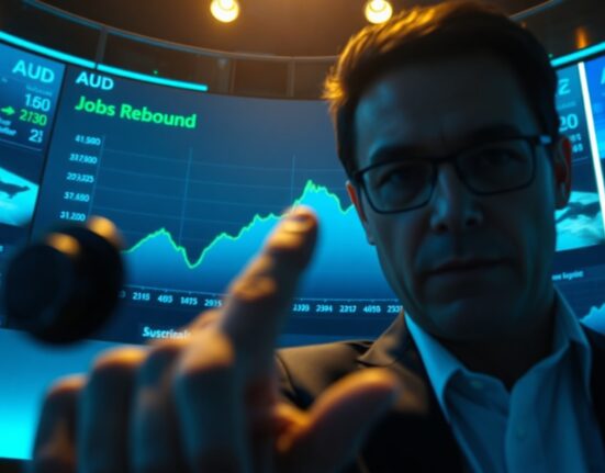 Analyst pointing at Australian Dollar chart with jobs rebound forecast on digital screen in financial news studio