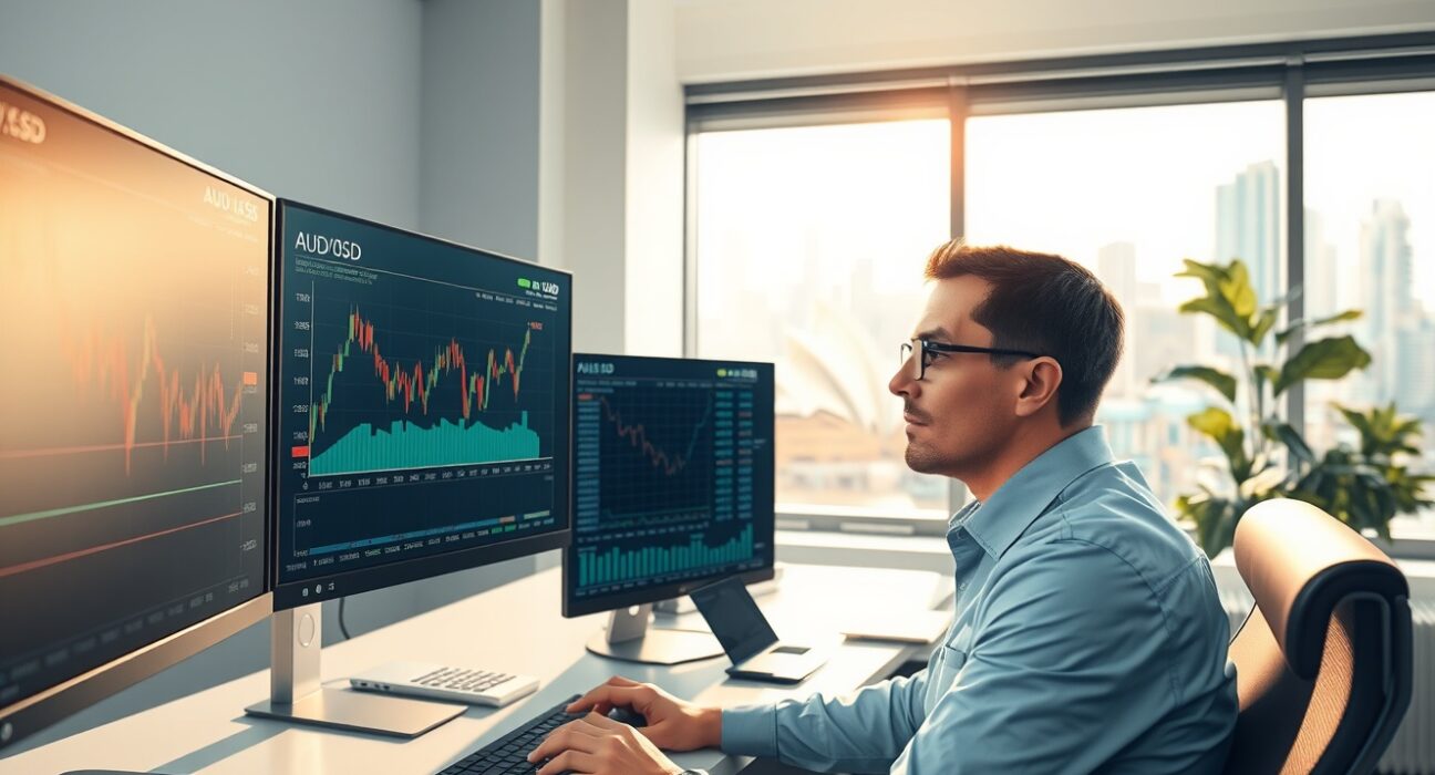 Forex trader analyzing Australian Dollar currency charts after mixed employment data release